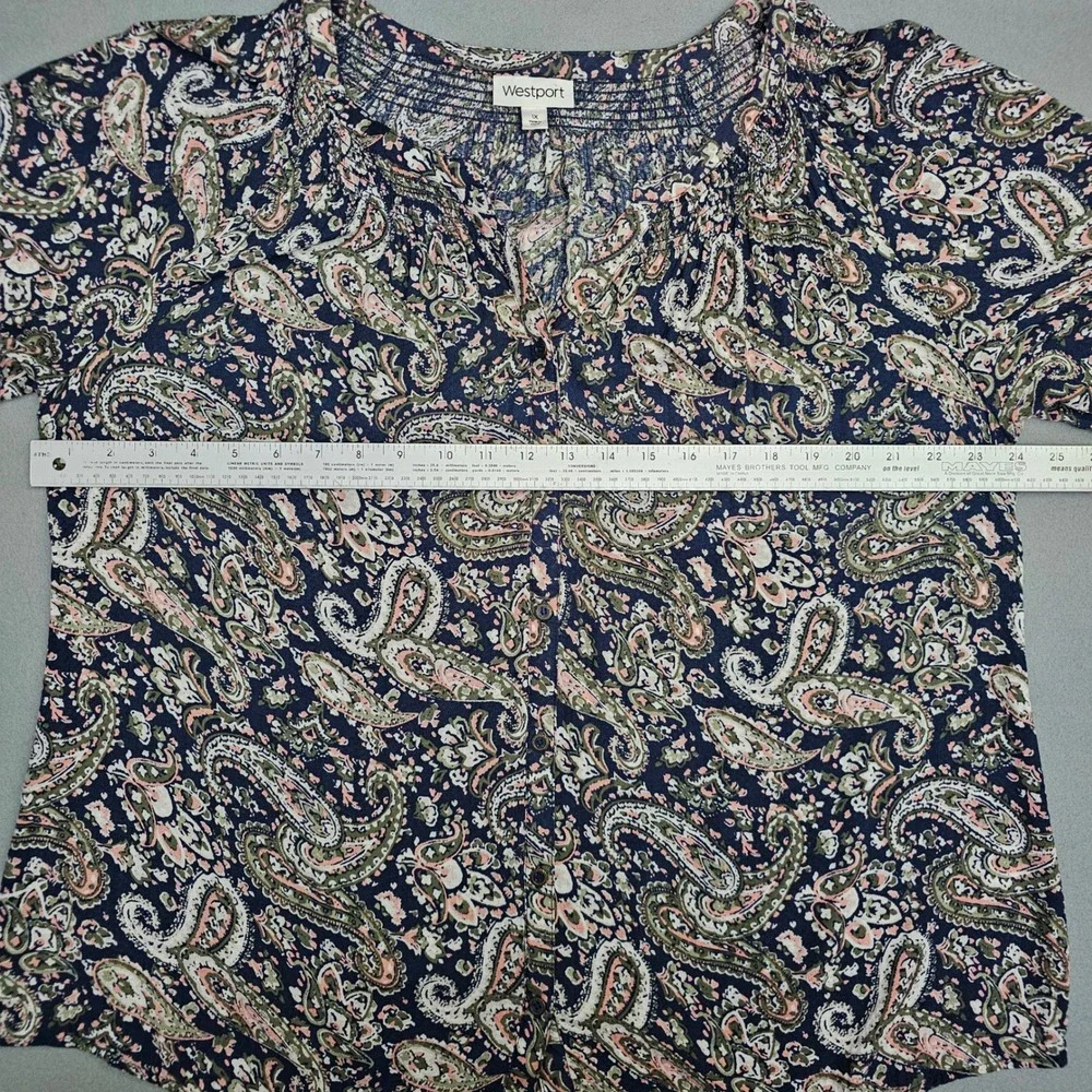 Westport Peasant Top 1X Womens Navy Paisley Smocked Tie Sleeve Button Front Boho